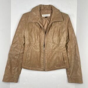 VTG Y2K Faux Leather Moto Jacket in Tan Women's Small Biker Boho Western Grunge